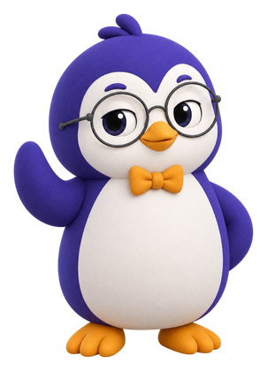 Deuce, a penguin in round glasses and an amber bow tie, waving hello